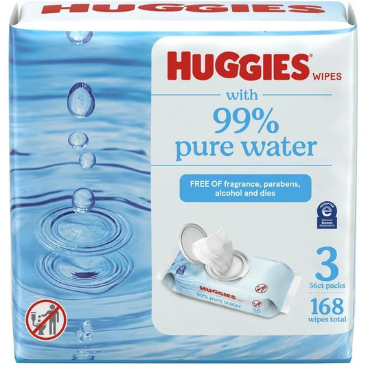 Huggies 99% Pure Water Unscented Wipes, 3 Flip-Top Packs (168 Wipes Total)