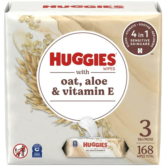 Huggies Wipes with Oat, Aloe & Vitamin E, Unscented, 3 Pack, 168 Total Ct
